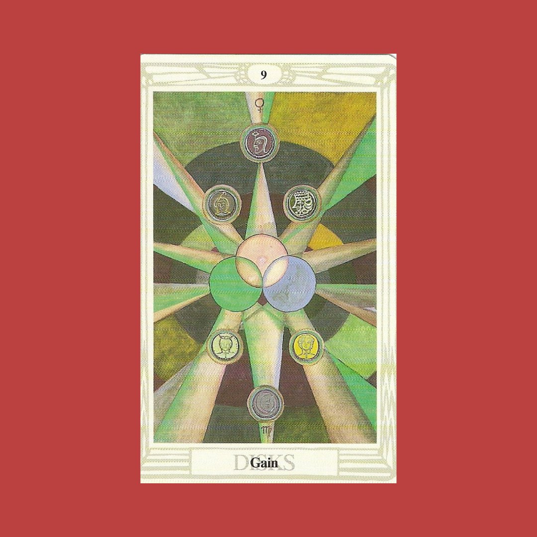 SusanLevitt's tweet photo. #TAROT &amp; ASTROLOGY! 9 PENTACLES. Earth sign Virgo. Prosperity &amp; abundance of Mother Earth. Practical &amp; good management of material  affairs. Focus on earthly matters, food, health, sharing wealth. RWS deck falconer in lush vineyard. Thoth deck Gain. Planet Venus  earthly beauty. https://t.co/Jfo3Y5t7Ez