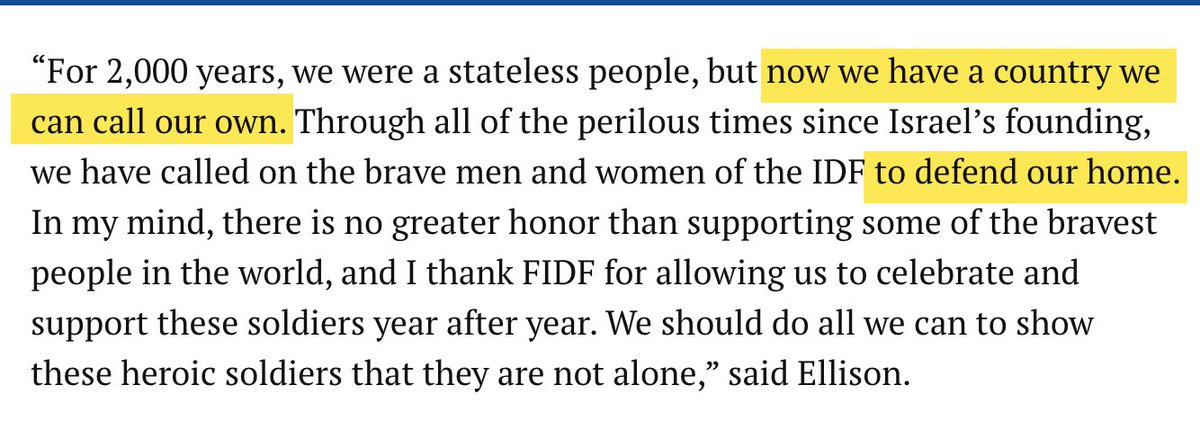 ggreenwald's tweet photo. When Larry Ellison donated a record-breaking amount of money to the IDF (not to US soldiers, but to the IDF), he repeatedly talked about the "country we call our own" and the importance of the IDF "to defend our home."

By "our country," he is referring to Israel, not the US. https://t.co/GMfb89sJ1F
