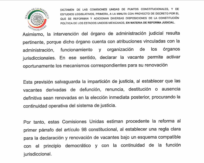 j_olar's tweet photo. Mi pronóstico, después de la modificación al 98 constitucional para que los Magistrados y Jueces no puedan sustituirse por el segundo lugar y sucesivos, es que van a inventarse alguna reforma secundaria o acuerdo general que permita la figura de secretarios en funciones en procedimientos orales laborales y penales.

De lo contrario, ellos mismos van a colapsar la justicia penal federal, la justicia mercantil federal y la justicia laboral federal (sin dejar de mencionar procedimientos civiles federales en donde rija la inmediación); al día de hoy son muchas renuncias y nada resta más "legitimidad democrática" al Poder Judicial Federal (en la lógica de la reforma judicial) que estar llenos de Secretarios en Funciones. 

Si la Cuatro "T" fuera congruente con sus propias reformas, sacarían a los segundos lugares que no hacen un buen trabajo y fueron designados después de operación política y se esperarían a renovar los cargos hasta el 2028.