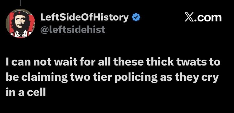FastEdboy's tweet photo. Leftists will side with/cover up for the pigs as long as they adhere to the left's racial communism. "I can't wait until these protestors are locked in a cell. Two-tier policing isn't real." Contrast this with the left's hatred of police/ICE in the US. Leftists are traitors. https://t.co/Y8RuQNgDb3