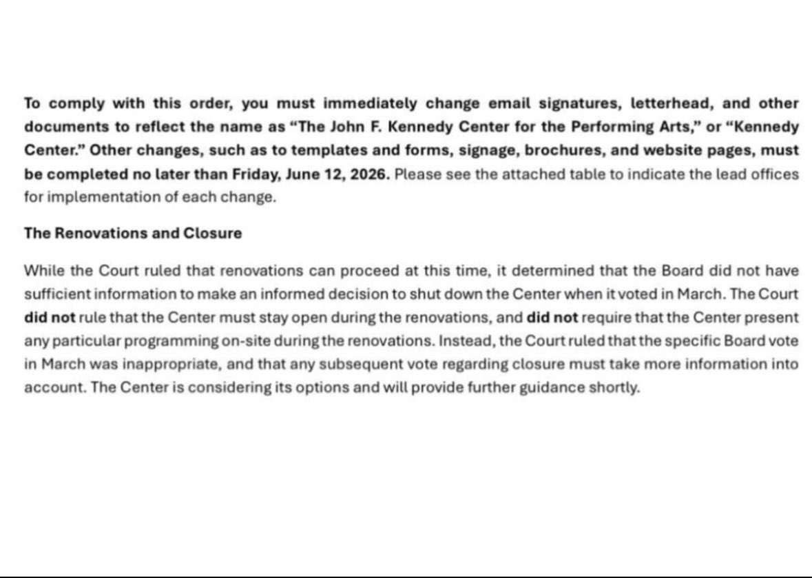 ElizLanders's tweet photo. PBS News has obtained a memo that was sent today to Kennedy Center staff that says that President Trump’s name has to be removed from Kennedy Center signage, promo materials, website, etc. It must happen by June 12, according to the center’s office of general counsel. https://t.co/I1vxhcddEl