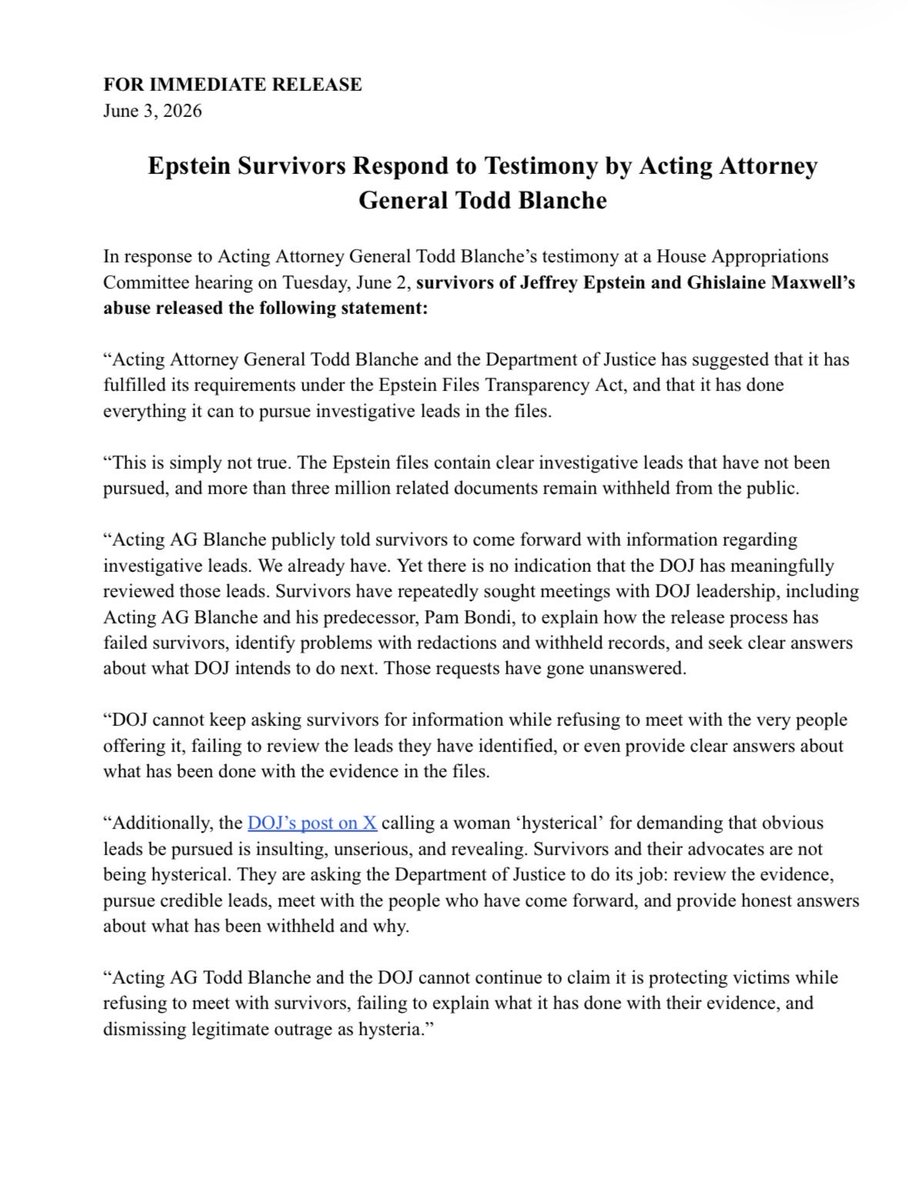 AaronParnas's tweet photo. NEW : Epstein survivors blast Todd Blanche following hearing in front of the House.

“Acting AG Todd Blanche and the DOJ cannot continue to claim it is protecting victims while refusing to meet with survivors, failing to explain what it has done with their evidence, and dismissing legitimate outrage as hysteria.”