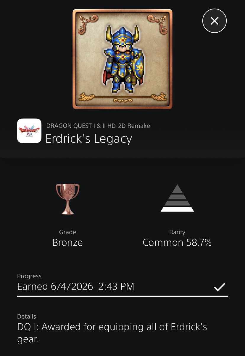 DuncanR2N's tweet photo. Dragon Quest I &amp; II HD-2D Remake trophy update

🏆 Erdrick’s Legacy - Bronze

Just equip all of Erdrick’s stuff

Platinum: 25%

DQI Stats:

Bestiary: 98%
Mini Medals: 98%
Rewards: 92%
Scrolls: 100%

#DragonQuest #DragonQuestI #DragonQuestIandIIHD2DRemake #PS5 https://t.co/cq1pUPWgnQ