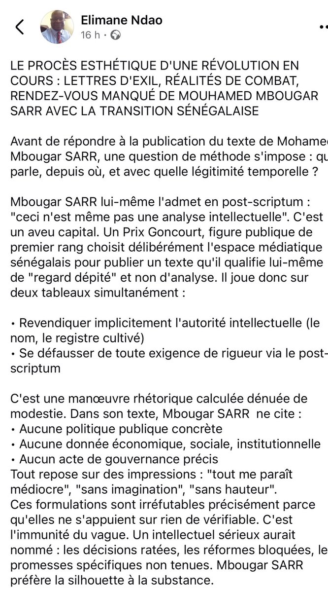 e_ndao's tweet photo. Le procès esthétique d’une Révolution en cours : Lettres d’Exîl, Réalités de Combat, Rendez-vous manqué de #Mouhamed_Mbougar_SARR avec la transition sénégalaise 

#Senegal #PastefLesPatriotes #LeProjet #Souverainisme #SONKO2029 #TransitionPolitique https://t.co/lgyh34OAtY