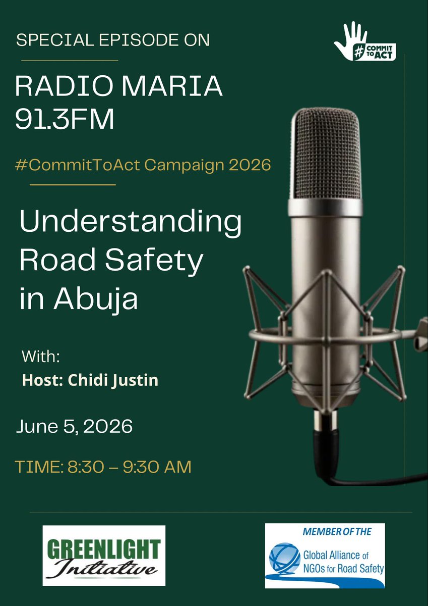 Green4Light's tweet photo. Tune in tomorrow to the first episode of our #CommitToAct2026 Road Safety Episodes!

Topic: Understanding Road Safety in Abuja

Join us as we discuss road safety challenges, Mobility Snapshot findings from Abuja, and practical solutions for safer streets.
#CommitToAct
#MakeItSafe https://t.co/4u9rdtNJci