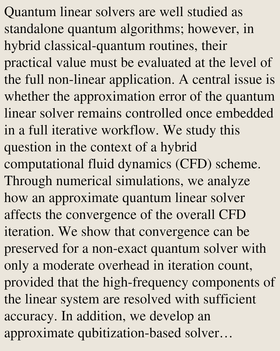 QuantumPapers's tweet photo. Approximate Quantum Linear Solvers for Hybrid CFD: End-to-End Analysis with a Chebyshev-LCU Approach

Tomer Goldfriend, Leigh Lapworth, Nadav Yoran, Amir Naveh
https://t.co/26KcVU8qC3 [𝚚𝚞𝚊𝚗𝚝-𝚙𝚑] https://t.co/kAQsrpGt3n