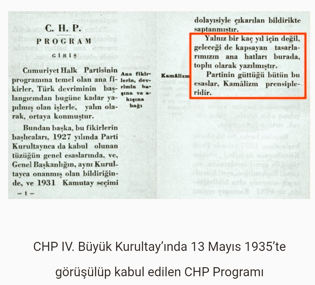 SMEYDAN's tweet photo. Bugün Kemalizme ve Kemalistlere  hakaret eden meczupların asıl hedefi Atatürk düşüncesi ve Atatürk'ün kurduğu üniter, laik Türkiye Cumhuriyet'tir. 

KEMALİZM: Atatürk tarafından CHP Programına konulmuştu.

13 Mayıs 1935'te, CHP IV. Büyük Kurultayı'nda kabul edilen CHP Programı'nda, Atatürk'ün Altı İlkesi (Altı Ok),  "Kemalizm Prensipleri" olarak adlandırılmıştı. 

Programda Altı İlke (Altı Ok) tek tek açıklanmıştı. Buna göre Laiklik ilkesi şöyle tanımlanmıştı: 

“Parti bütün kanunların, tüzüklerin ve usullerin yapılışında ve toplanışında en son ilim ve teknik esasları ile asrın ihtiyaçlarına uyulmasını prensip olarak kabul etmiştir. Din bir vicdan işi olduğundan parti dini, dünya ve devlet işleriyle siyasadan ayrı tutmayı, ulusumuzun çağdaş medeniyet yolunda ilerlemesi için başlıca şartlardan sayar.”

https://t.co/roYfuav2rX
