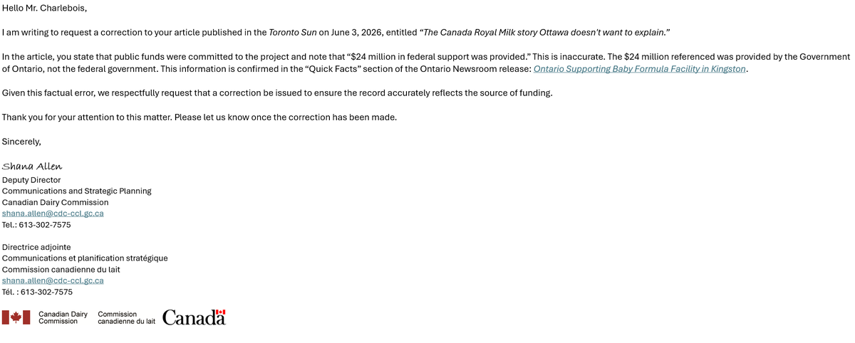 FoodProfessor's tweet photo. This is an email I was expecting. ⬇️

Took less than 24 hours.

The Canadian Dairy Commission fully controlled by Dairy Farmers, a Crown corporation—not Agriculture and Agri-Food Canada—is demanding a correction based on a document in which the section detailing government funding and support was completely redacted. The redactions suggest that records related to government support do exist, but they have not been disclosed.

I have no intention of issuing a correction until I receive an unredacted version of the relevant information. Transparency should come before demands for retractions.