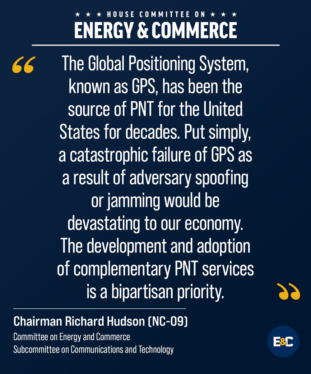 HouseCommerce's tweet photo. We rely on GPS every single day, but we lack a backup system in case of failure.

Today’s C&T hearing focused on how America can create a redundant positioning, navigation, and timing system to protect everyday life in case of military attack, jamming by nefarious actors, or other failure.

Read more about today’s hearing ⬇️