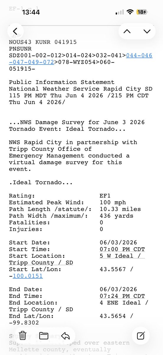 StrmchsrHunterF's tweet photo. The SD tornado was rated a 100 mph EF-1 0.25 mi wide tornado. https://t.co/oPjWT8ZeGY