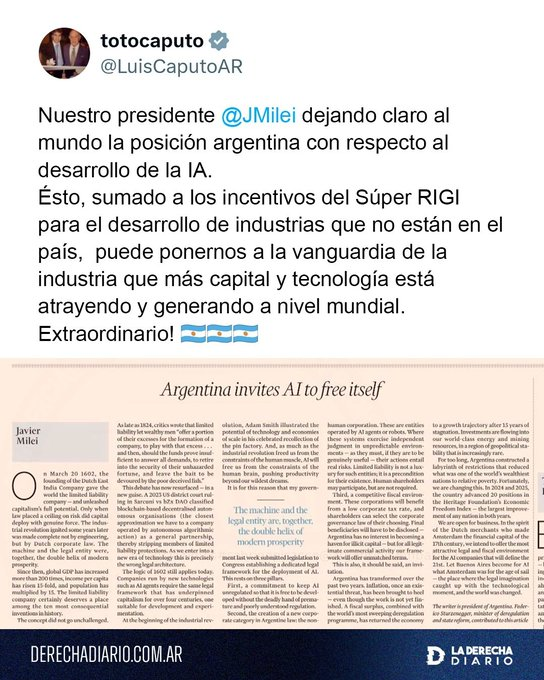 Adriel_Mzz's tweet photo. ¡FARO DEL MUNDO! 🌍🚀

El Ministro Toto Caputo celebró la columna del Presidente @JMilei en Financial Times. 

Argentina marca el camino en IA con desregulación total y el Súper RIGI. 

¡Nos estamos poniendo a la vanguardia mundial! 🔥

🇦🇷 #MileiPresidente https://t.co/P5DPKT7mvG