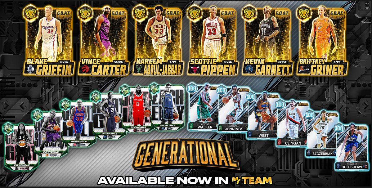 NBA2KMyTEAM's tweet photo. Generational Packs are officially LIVE in MyTEAM! 🚨⏳♾️

Bring absolute dominance to your squad with 6 MORE 🐐 G.O.A.T. cards being added to the already loaded mix of Generational talent including 🐐 G.O.A.T Vince Carter, Kareem Abdul-Jabbar, Scottie Pippen, Kevin Garnett, Blake Griffin, Brittney Griner, 🛡️ Invincible James Harden, Rudy Gay, Grant Hill, Amar'e Stoudemire, Zach Edey, Chelsea Gray, and more ready to control the hardwood 🦖🔥

Plus, pick up the Generational Hall of Fame Box 📦💥 featuring:
⭐ NBA GOAT/Invincible Pack x1
⭐ NBA GOAT/Invincible/100 OVR Pack x2
🌌 99 OVR Pack x5
🚀 99+ OVR Generation NEXT Pack
🤯 10 Hall of Fame Badges
🏀 10 Legend Badges
💫 50 Generational Festival Event Cards
👔 Dark Matter Coach Joe Mazzulla or Legend Badge Option Pack (Pick 3)
…and more elite rewards inside 👀