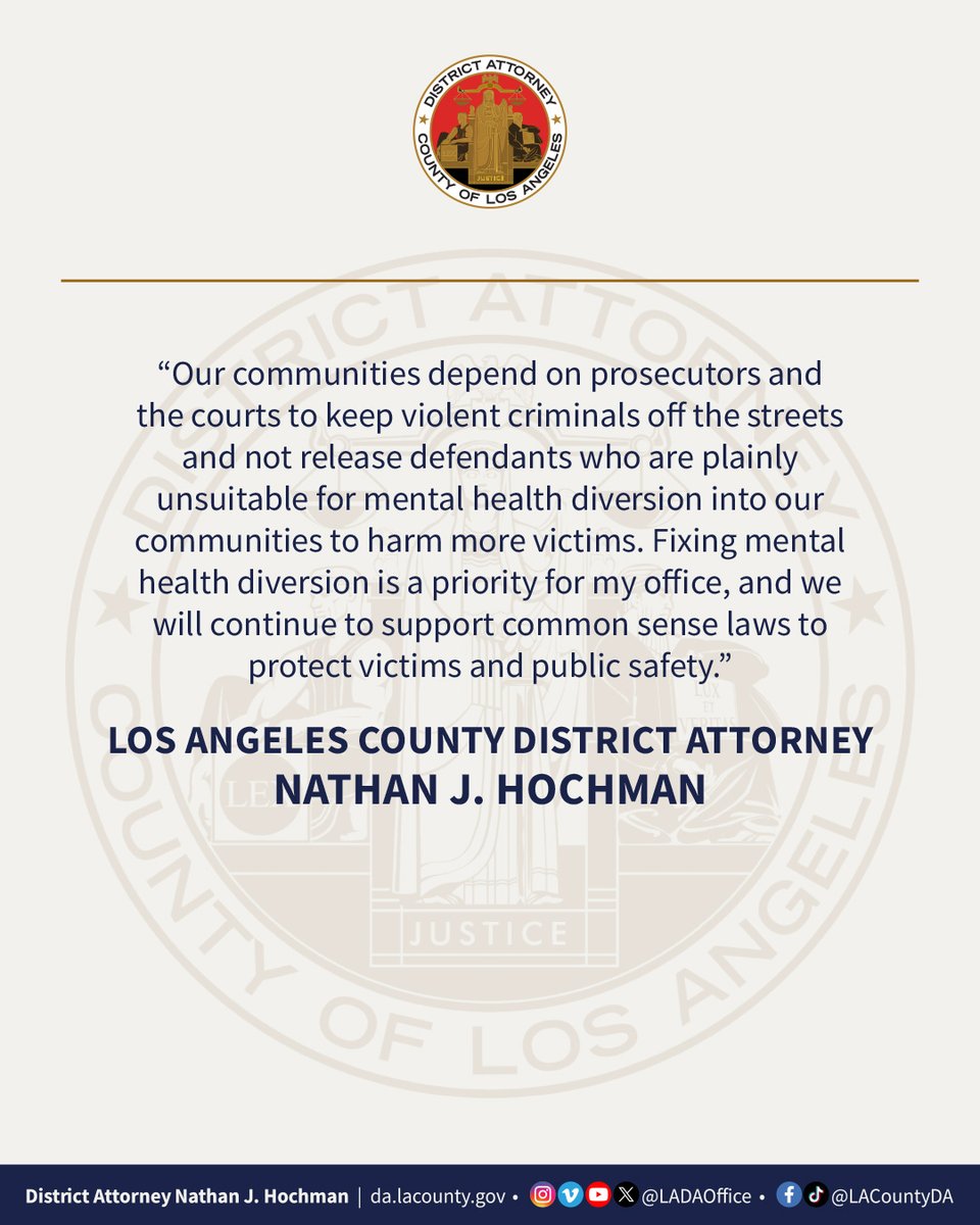 LADAOffice's tweet photo. California’s highest court let stand a ruling that agreed a Los Angeles judge abused her discretion by granting mental health diversion to a man accused of a violent, racially motivated pipe attack in Santa Monica.
Read more at the link in our bio.
#LADAOffice #DANathanHochman https://t.co/SkfgawWhSU