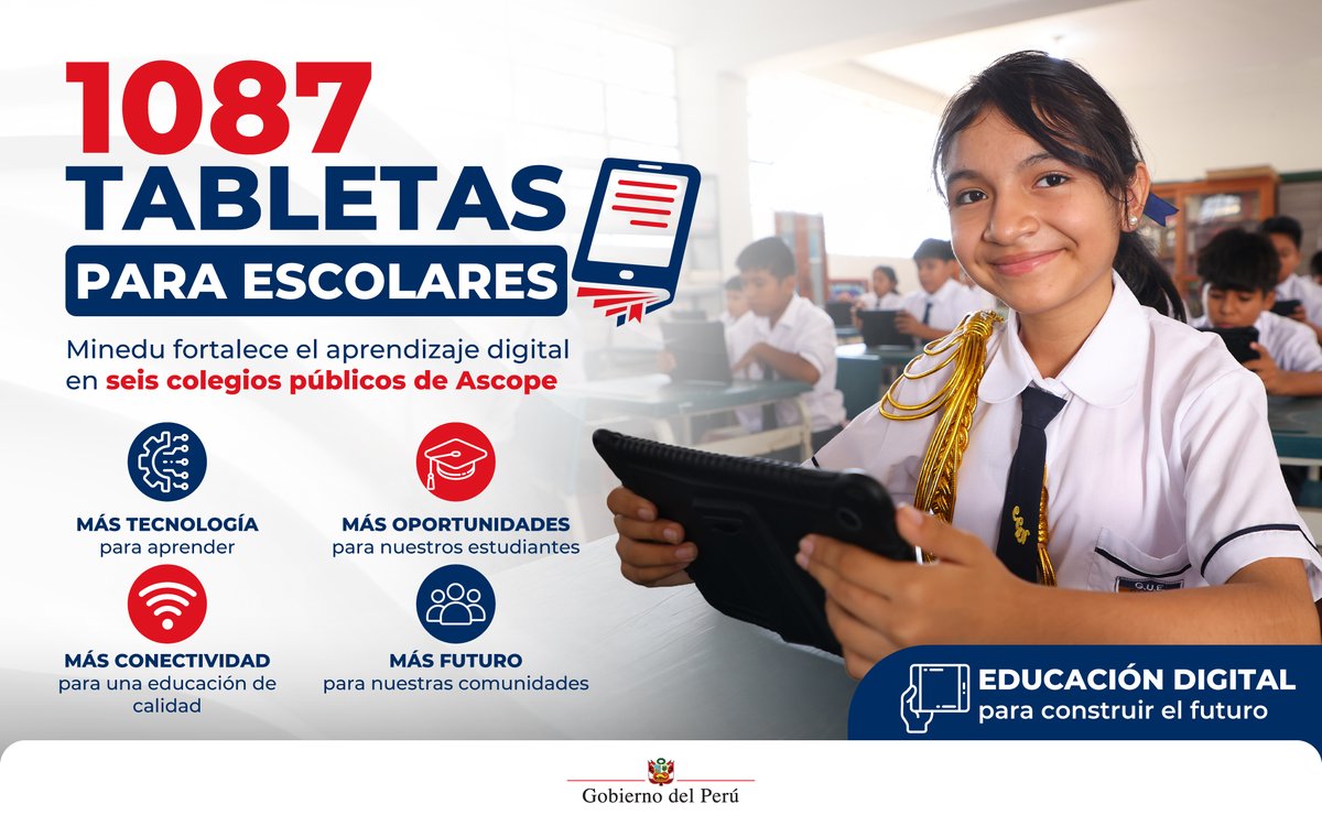 GobiernoPeru_'s tweet photo. 💻📚El @MineduPeru entregó 1087 tabletas a seis colegios públicos de Ascope, en La Libertad, para fortalecer el aprendizaje digital y brindar más oportunidades educativas a estudiantes de la región. ¡Tecnología al servicio de la educación peruana!

+ info: https://t.co/Cj8EY2q85A https://t.co/VyyGEAYT76