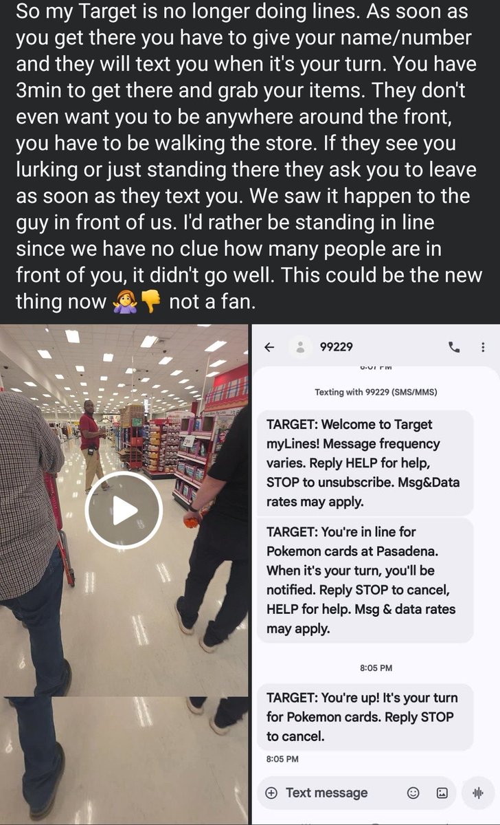 hdttcg's tweet photo. 🚨 Target is testing a new Pokémon card queue system.

No more waiting in line.

Check in, get a text, and return when it’s your turn to buy.

Is this better than the current system? 👀 https://t.co/vDCFuMvdhe