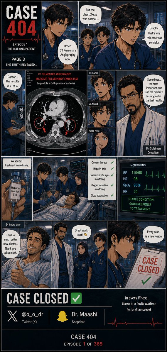 o_o_dr's tweet photo. 🚨 CASE 404 – Episode 1: The Walking Patient

A 38-year-old man walked into the ICU.

He was talking normally.
His chest X-ray was normal.
His ECG was normal.

Yet something felt wrong.

Sometimes the most dangerous diagnosis is hidden behind normal results.

Can you solve the case before the team does?

📖 Follow the story and discover the truth.

#Case404 #ICU #Medicine #MedicalEducation #PulmonaryEmbolism #DoctorLife #MedTwitter