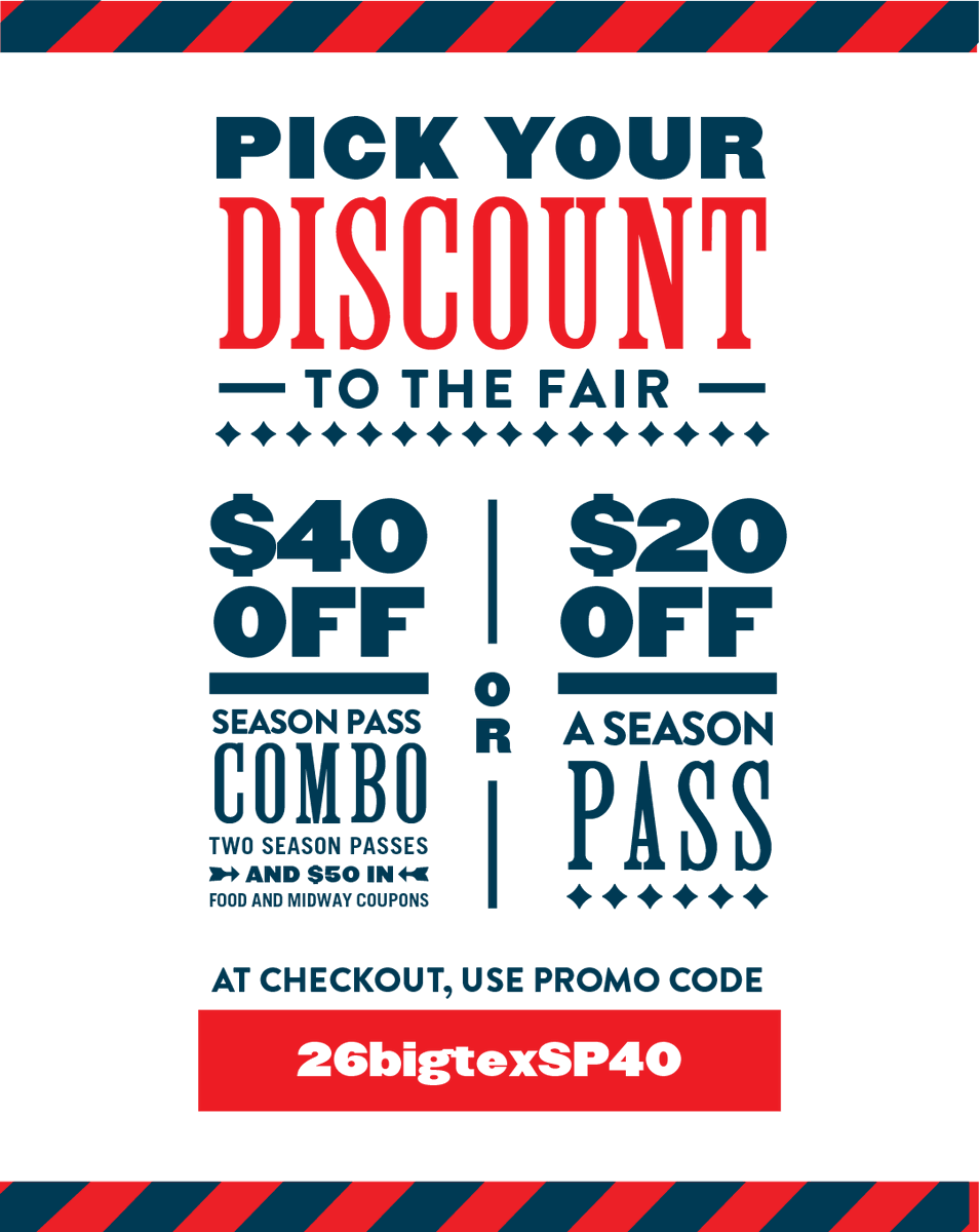 StateFairOfTX's tweet photo. ONE PASS. 24 DAYS OF FAIR FUN. 🎟️🤠  

For a limited time, save BIG:
💰 $20 OFF a Single Season Pass
💰 $40 OFF a 2-Pack Combo (includes $50 in Food &amp; Midway Coupons)

✍️ Use code 26bigtexSP40 here: https://t.co/jFupY1WGFR

⏰ Limited quantity available. Offer ends 6/30/26. https://t.co/UMFNhofKEF