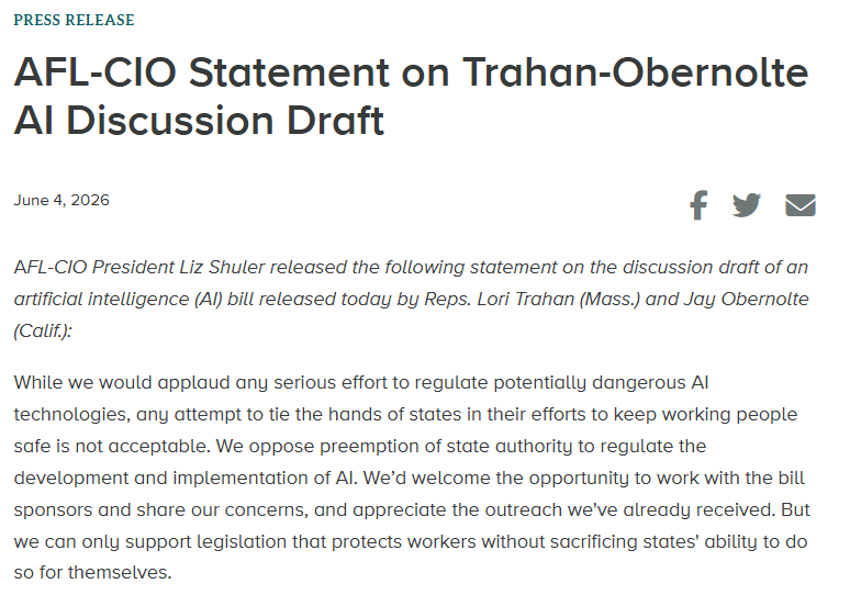 AFLCIO's tweet photo. America's unions oppose preemption of state authority to regulate the development and implementation of AI.

We can only support legislation that protects workers without sacrificing states' ability to do so for themselves.
https://t.co/rFjr6elTQW https://t.co/QhzNATFhOt