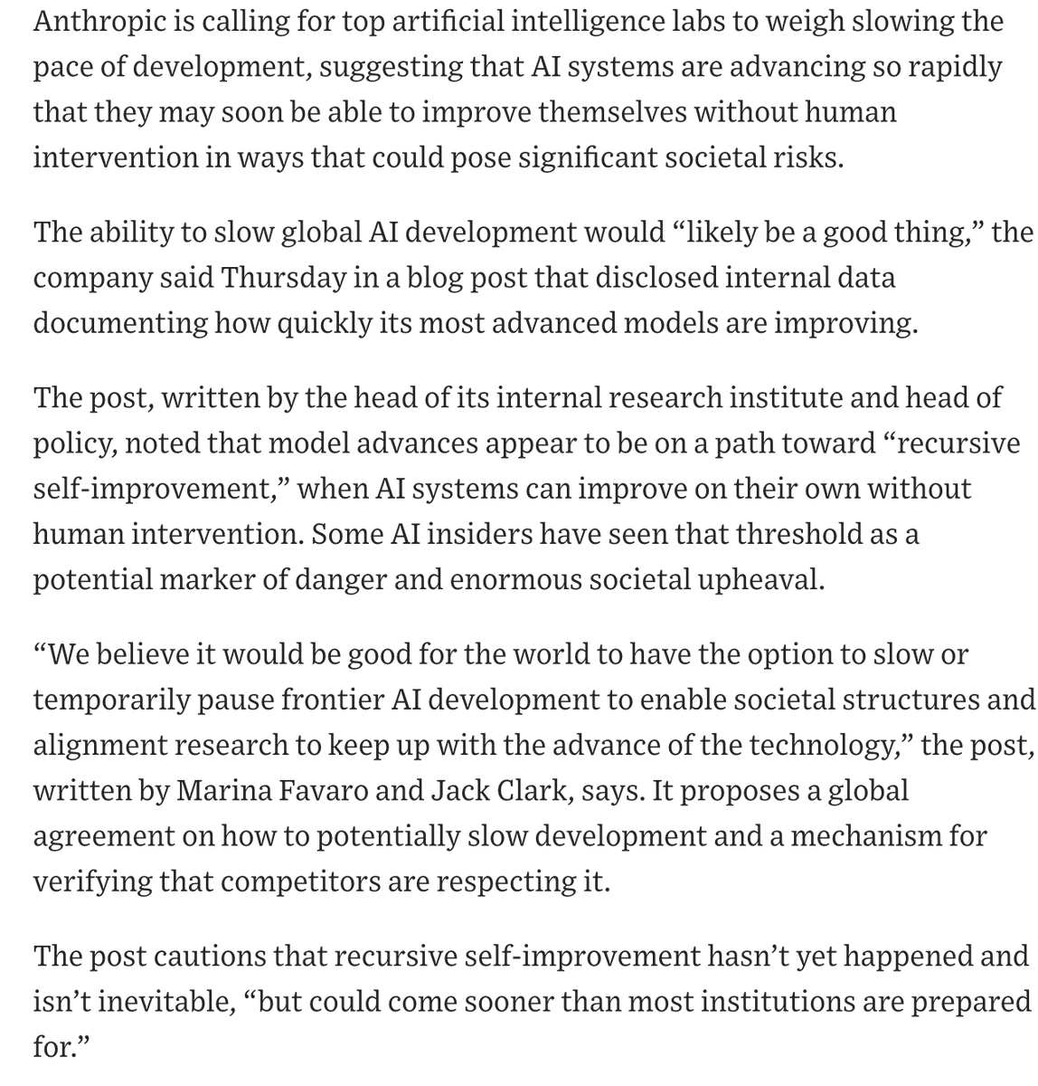 Faenerator's tweet photo. Anthropic Urges Global Pause in AI Development, Flags ‘Self-Improvement’ Risk https://t.co/v8Jjc8bXEo via @WSJ https://t.co/gpmOLfT9xR