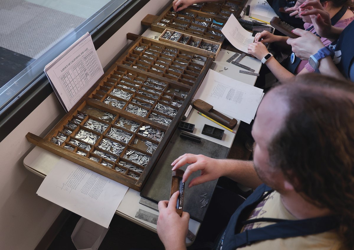 tamulibraries's tweet photo. Typesetting and proofing from the hand press printing era took place at Wednesday afternoon’s session of the 2026 Book History Workshop, which ends Friday. The workshop featured printing history expert-led sessions on the Libraries’ period-accurate common press, and more. #tamu https://t.co/u13meBobsg