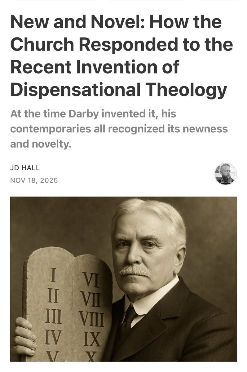 LostMyHats's tweet photo. When word began to get out about a devilishly new doctrine coming out of Plymouth, England, having originated by a bizarre End Times cult originally from Ireland, the entire Christian faith - every church tradition and denomination in existence - all rejected it as vulgar and profane for one primary reason: it was novel. 

Protestants and Catholics alike looked at the claims from the Plymouth Brethren - a Sectarian Minimalist cult that rejected all church structure and authority - and stood aghast that something so far outside the bounds of historic orthodoxy could be believed as legitimate. 

The discernment rule, “that which is new is never true, that which is true is never new,” had been understood as Biblical wisdom for centuries. God does not invent new doctrines. Only Satan does that. 

Sure, there were disparate views on eschatology. There was premillennialism, amillennialism, and postmillennialism by this point in Christian history, different ways of viewing the eschaton and different interpretations of End Times events. But they ebbed and flowed in popularity, but every one held in place the benchmarks of orthodoxy. 

Dispensationalism was another beast entirely, a completely new approach to understanding God’s Covenants, a thoroughly Jewish way of interpreting the Bible. Its deviation from historic teaching was that Jews, by virtue of their ethnicity, retain a Covenant with God and have inheritance of its blessings and promises, irrespective of their rejection of Christ. 

Instead of the “grand reveal” of the New Testament, the “mystery of the gospel” as Paul calls it, that Jesus came FROM the Jews but FOR the whole world, that Jesus was a global messiah and not just some tribal savior, Dispensationalism adopts the Jewish worldview with Israel as the center of the Universe, instead of Christ. 

The new doctrinal perversion makes the Christian Church - the very Bride of Christ - into a parenthetical fling with whom Jesus has an affair while he awaits His harlot wife to come to her senses. That’s what Darby called the church - parenthetical: 

“The Church has sought to settle itself here, but it has no place on the earth… though making a most constructive parenthesis, it forms no part of the regular order of God’s earthly plans, but is merely an interruption of them to give a fuller character and meaning to [the Jews]” (J.N. Darby, “The Character of Office in The Present Dispensation,” Collected Writings, Ecclesiastical I, Vol. 1, p. 94). 

Dispensationalism treats Christians as the after-thought, and it differs from Historic Premillennialism by agreeing with the tenets of Jewish Supremacy, which the Bible’s authors tried so hard to beat out of them. The Apostles taught that only those who believe in Jesus are the REAL children of Abraham and inherit all of Abraham’s promises (Galatians 3:27), and that Jews who deny Jesus are not really children of Abraham at all (Romans 9:6). The Apostles taught that Jews who deny Jesus are utterly cut off from Abraham and from God and replaced by believing Gentiles (Romans 11:17), and the only way to be grafted back in is by faith, the same as any other person (Romans 11:23). 

Dispensationalism rejects these Apostolic teachings and insist on a Jew-centered Universe where God continues to pour blessings and promises upon the Jews by virtue, not of Christ’s shed blood and their faith in Him, but in theirs. And from this deviant doctrine, they even insist that Gentile Christians owe something to Jews and have to help them rebuild the very kingdom that God Himself destroyed because of their unbelief. 

The entire Christian church around the world all agreed - this was an utterly new claim. 

When asked about Darby’s doctrines, the “Prince of Preachers,” Charles Spurgeon, said, “We hold to no new views concerning the future, and we have no desire for any.” 

Dispensationalists are peddling you the theological equivalent of a fidget spinner and telling you it’s historic.