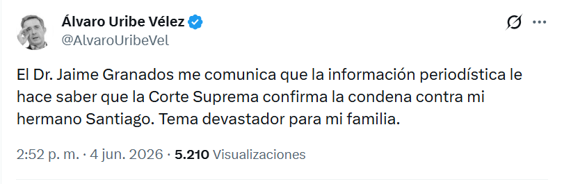 larepublica_co's tweet photo. #Atento I La Corte Suprema de Justicia confirmó la condena contra el hermano de Álvaro Uribe Vélez. La información fue confirmada por el mismo expresidente https://t.co/GaWeRJ8lvs