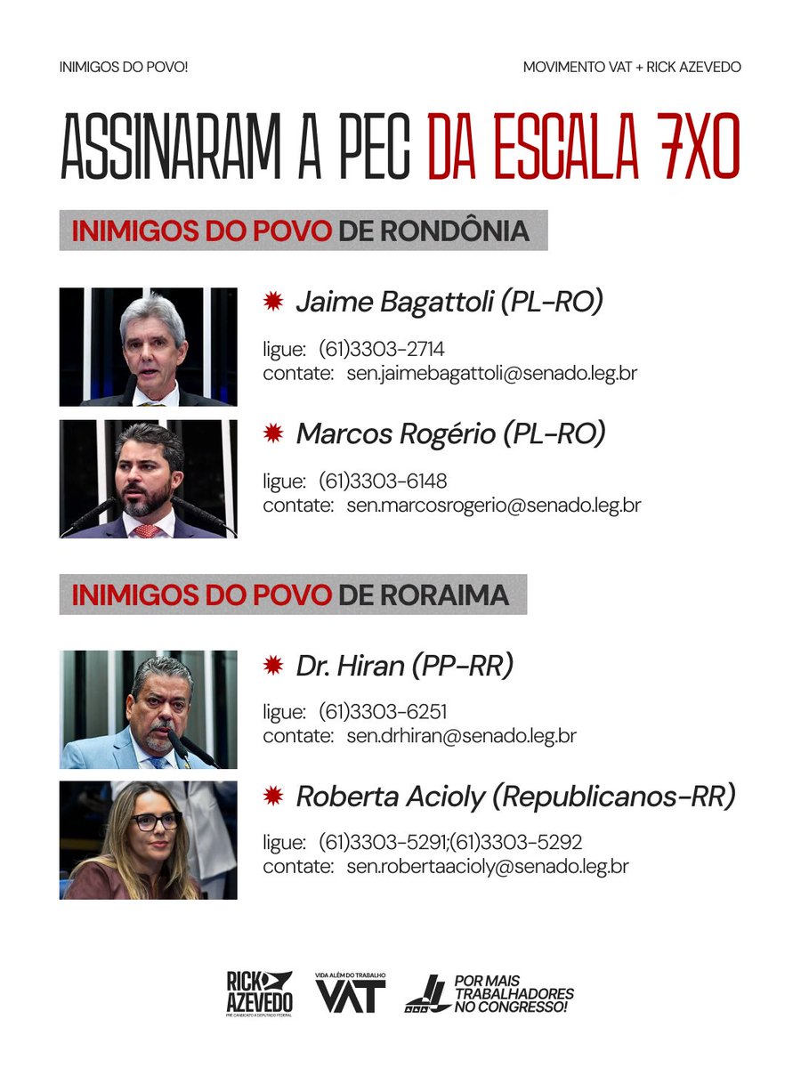 rickazzevedo's tweet photo. Esses senadores assinaram a PEC da escala 7x0. COBRE DELES! https://t.co/qwzUTszq7T