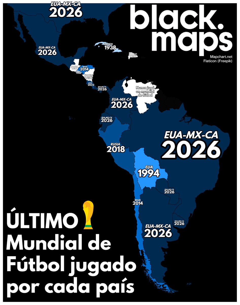 maps_black's tweet photo. ÚLTIMO Mundial de Fútbol jugado por cada país ⚽️ (contando 2026) https://t.co/vuH5Drr97U
