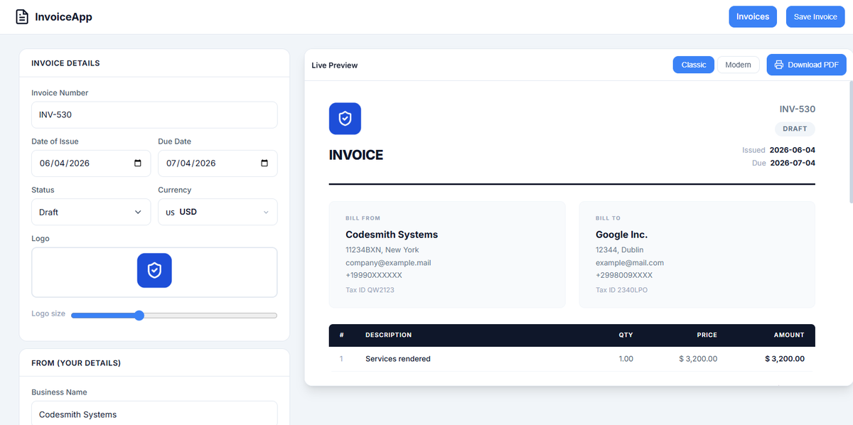 CodesmithSys's tweet photo. If you want a no-sign-up, client-side alternative, check it out. InvoiceApp takes the same "live preview + instant PDF" approach and adds a server-side backend (PHP + MySQL) so you can store, search, duplicate, and share invoices with your team.

https://t.co/pr8WiQMJqA https://t.co/Bh6EY90ixE