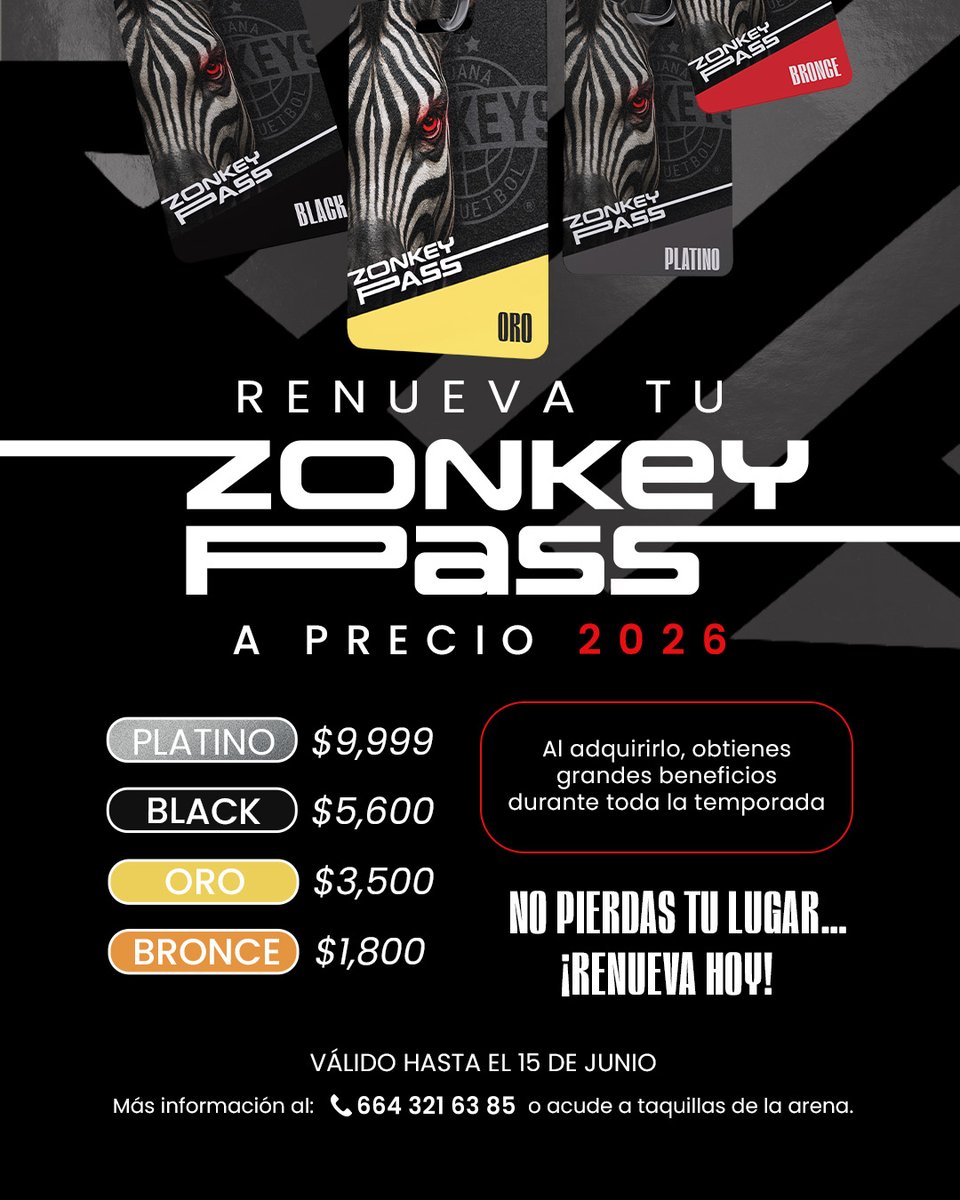 ZonkeysOficial's tweet photo. La historia continúa🦓
Renueva tu Zonkey Pass y asegura tu lugar para vivir una nueva temporada junto a nosotros.

🎟️ Conserva tus beneficios y tu lugar a precio 2026.
📅 Válido hasta el 15 de Junio en taquillas de Arena Zonkeys.

#SomosZonkeys https://t.co/x1h2FNw5Y2