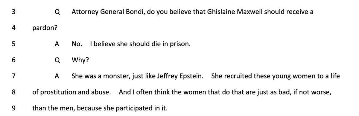 kyledcheney's tweet photo. Bondi told House oversight that Ghislaine Maxwell should die in prison. https://t.co/8JORBrxG8h https://t.co/qisWSKDlRY