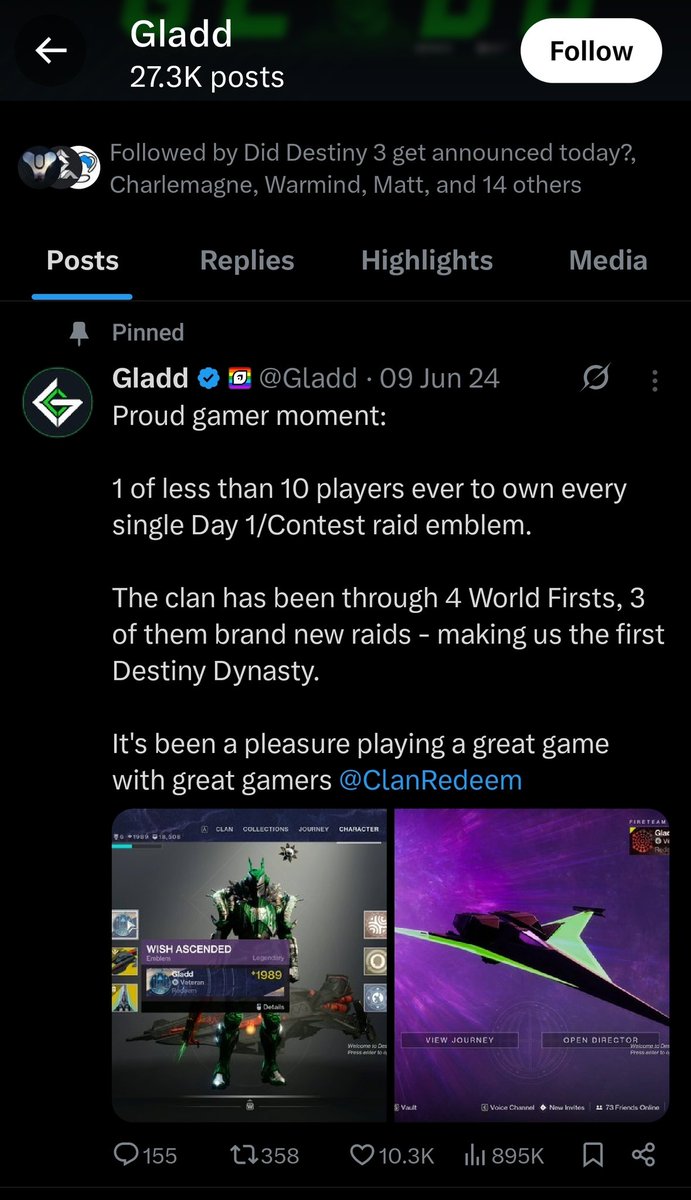 Fredpheus's tweet photo. @Gladd You literally have Destiny 2 pinned on your X profile. Please, shut the fuck up. https://t.co/iYSeaJc7UM
