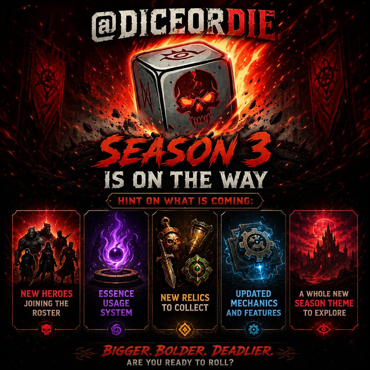 wills_sol's tweet photo. #Season3 is coming! In @DiceOrDieGame
 We’re putting together the full documentation with everything headed your way:
1️⃣ New heroes joining the roster.
2️⃣ Brand new Essence usage system.
3️⃣ Fresh relics to collect.
4️⃣ Updated mechanics & features.
5️⃣ An entirely new season theme to dive into.

Get ready..... More details dropping soon!

Are you excited?