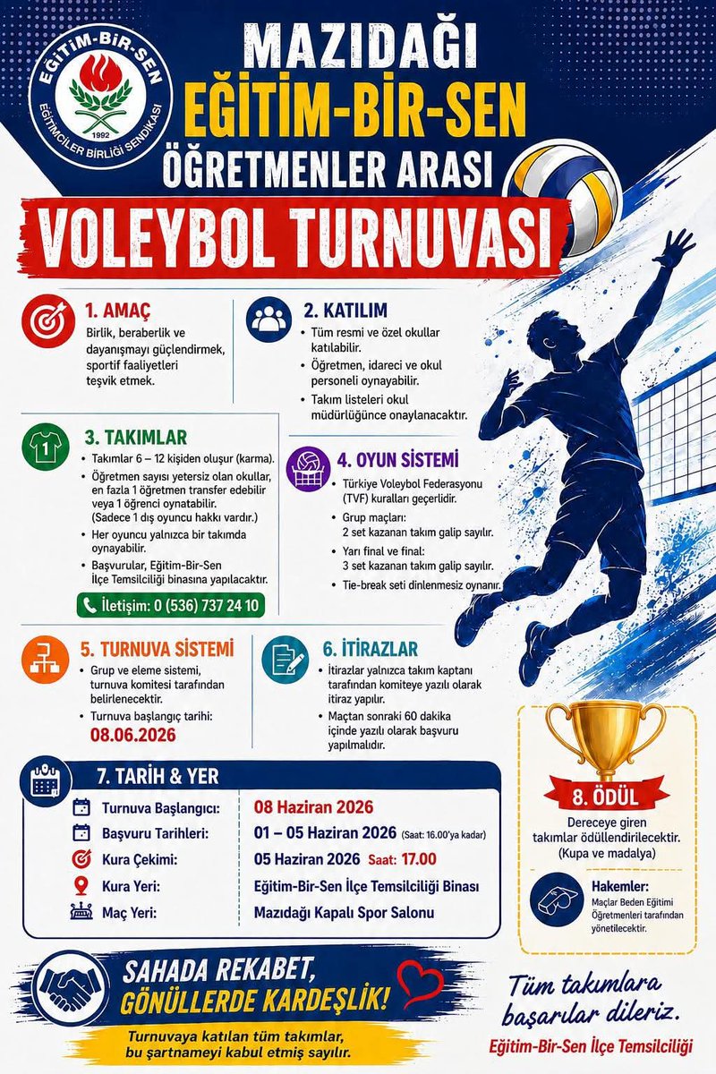 ebsmazidagi's tweet photo. Milli eğitim çalışanları arasında kardeşliği, dayanışmayı ve kaynaşmayı hedeflediğimiz voleybol turnuvasına başvurular devam ediyor. Tüm eğitim çalışanlarını katılımını bekleriz...
#EBSMAZIDAĞI https://t.co/893eFxItK6