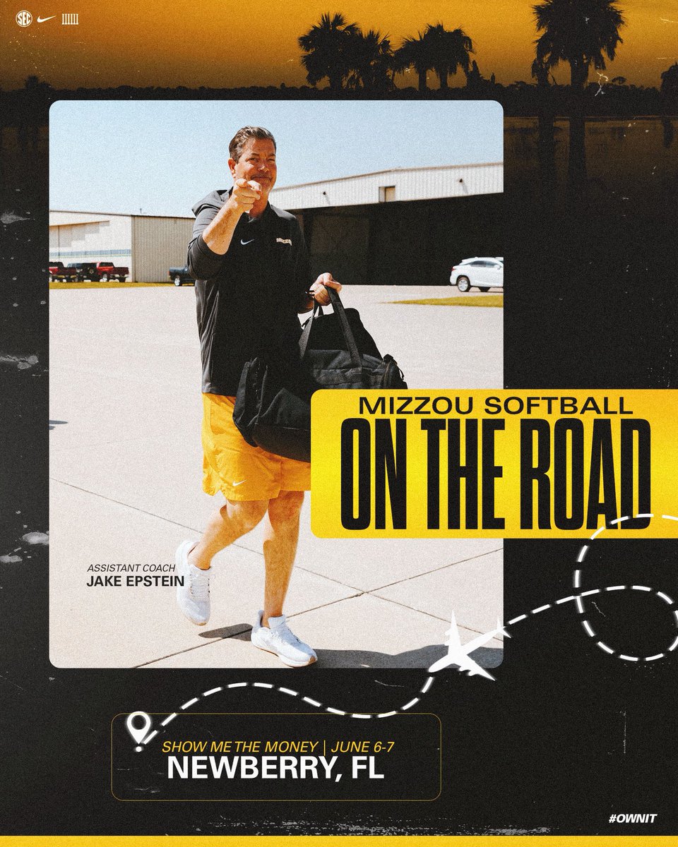 MizzouSoftball's tweet photo. Drop your schedules below, because travel plans have been BOOKED ⬇️ 

@epsteinhitting is on his way to Newberry, Florida to find some Tigers at Show Me The Money 🌴

#MIZ 🐯🥎 | #OwnIt https://t.co/h7d4nqCZWD
