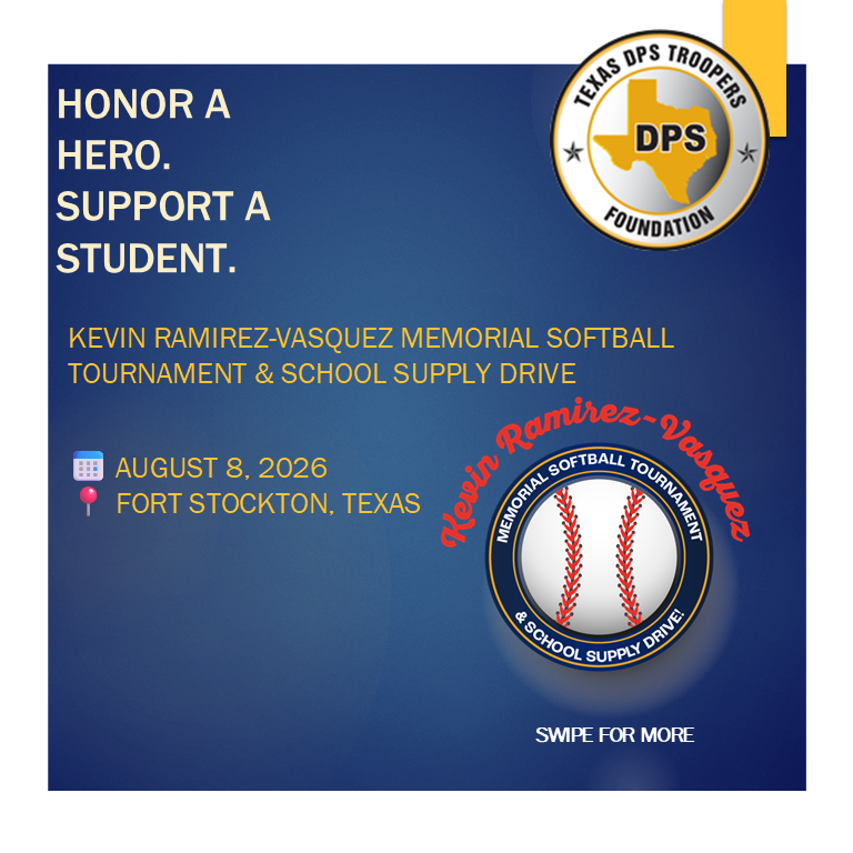 texasdpsoa's tweet photo. ⚾ HONOR A HERO. SUPPORT A STUDENT. 🎒

Join us August 8 in Fort Stockton for the Kevin Ramirez-Vasquez Memorial Softball Tournament & School Supply Drive.

There is no registration fee. Instead, participants are encouraged to bring school supplies or make a donation to help Texas students start the school year prepared for success.

Together, we're honoring the legacy of Trooper Kevin Ramirez-Vasquez through service to others.

⚾ First Responder Teams Welcome
📍 Fort Stockton High School Sports Pavilion
🕖 7:00 AM Start
#DPSOA #DPSTF #TexasDPS #HonorAHeroSupportAStudent #SchoolSupplyDrive
