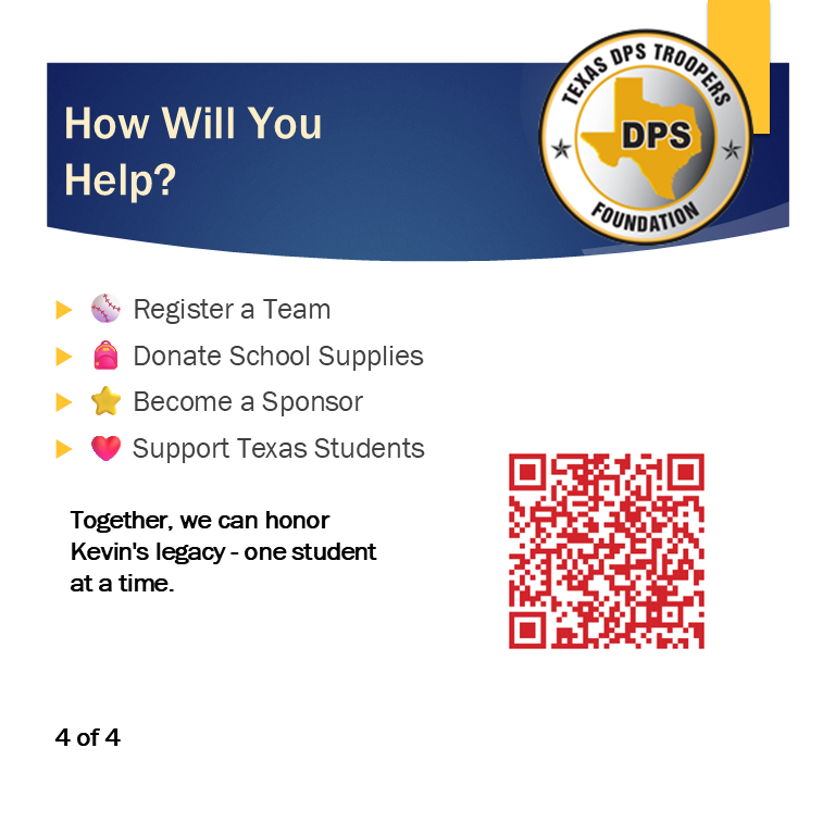 texasdpsoa's tweet photo. ⚾ HONOR A HERO. SUPPORT A STUDENT. 🎒

Join us August 8 in Fort Stockton for the Kevin Ramirez-Vasquez Memorial Softball Tournament & School Supply Drive.

There is no registration fee. Instead, participants are encouraged to bring school supplies or make a donation to help Texas students start the school year prepared for success.

Together, we're honoring the legacy of Trooper Kevin Ramirez-Vasquez through service to others.

⚾ First Responder Teams Welcome
📍 Fort Stockton High School Sports Pavilion
🕖 7:00 AM Start
#DPSOA #DPSTF #TexasDPS #HonorAHeroSupportAStudent #SchoolSupplyDrive