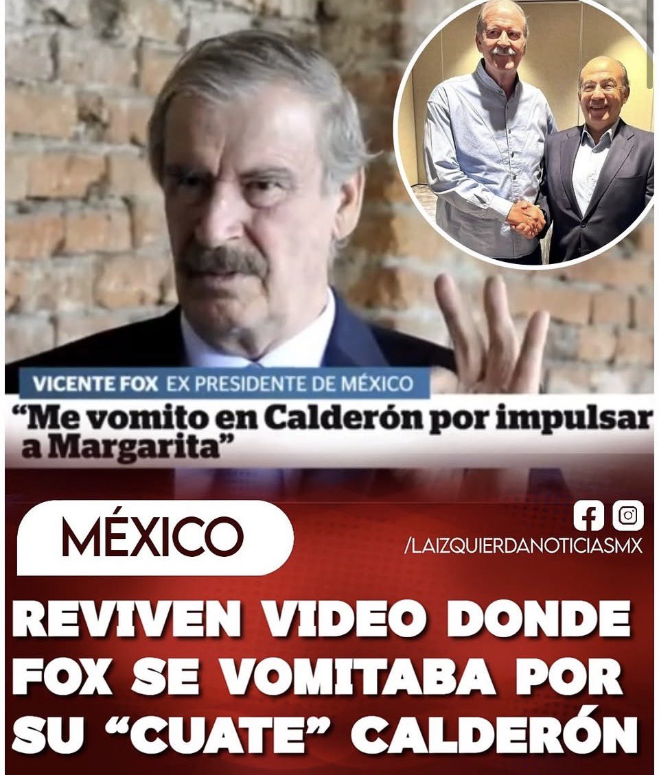 RiosAnaMa's tweet photo. ¡FARSANTES! Usuarios volvieron viral el video donde el catador de cannabis, Vicente Fox, dice que Felipe Calderón le provocaba el vómito por querer imponer a Margarita para la presidencia, acusándolo de nepotismo y dictador. Pero ahora, ambos salieron juntos a respaldar a la vendepatria Maru Campos para salvar el cascajo de partido que les queda.