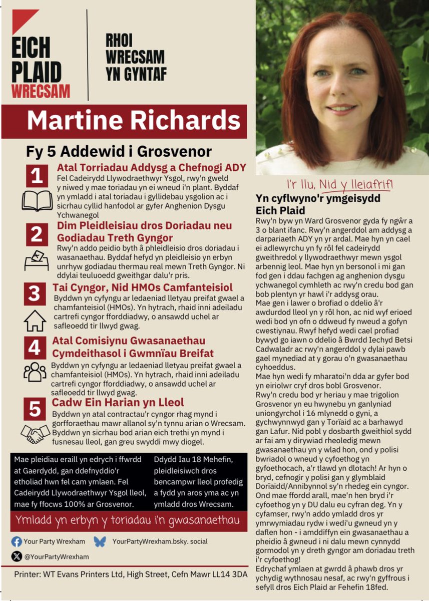 YPWrexham's tweet photo. The five pledges from Martine Richards if elected on the 18th June.

#wrexham #Grosvenor #wrecsam #yourparty #cymru #wales https://t.co/yu8fHRf20e