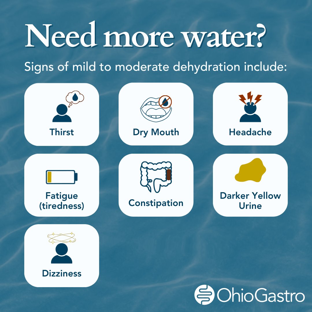 OhioGastro's tweet photo. Need more water? Signs of mild to moderate dehydration include: 
•Thirst
•Headache
•Dry mouth
•Darker yellow urine
•Constipation 
•Dizziness
•Fatigue (tiredness)

#digestiveissues #gastrointestinalissues #digestivehealth https://t.co/kI5FPfovLe