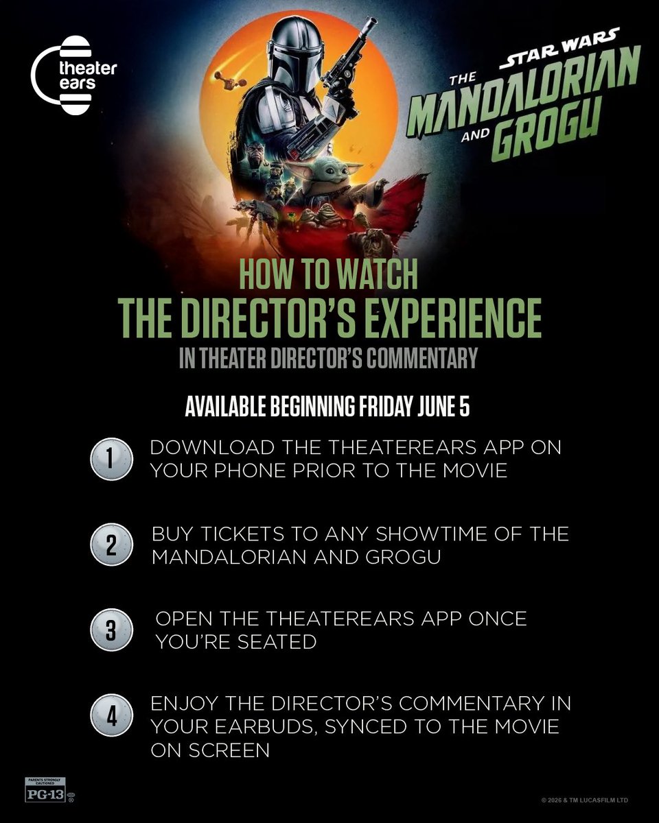 TheaterEars's tweet photo. See Star Wars: The Mandalorian and Grogu with The Director's Experience, featuring commentary from director Jon Favreau synced to the movie through the TheaterEars app.

Just bring your earbuds 🎧 and hear the stories behind every scene beginning this Friday June 5th, only in theaters.