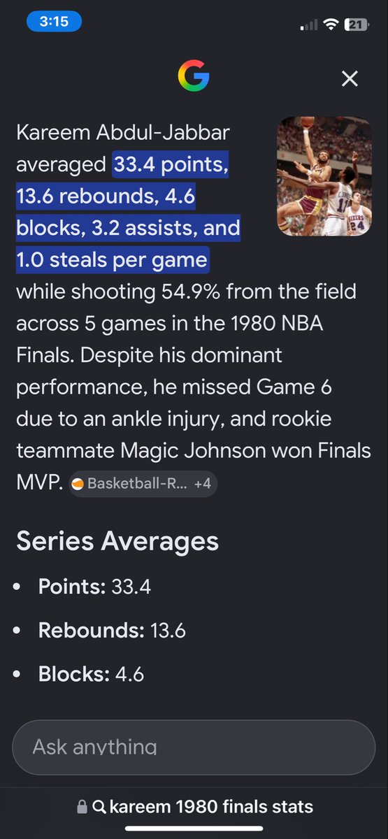 CDR93_Infinity's tweet photo. @Psymatik4ceer @ESPNInsights Kareem should’ve been the finals MVP first off but the league was mad at him and wemby could win as a first option magic was like the 3rd scoring option on that team. Gaslighting what, history that has been explained by the players themselves https://t.co/yKy4x24ad2
