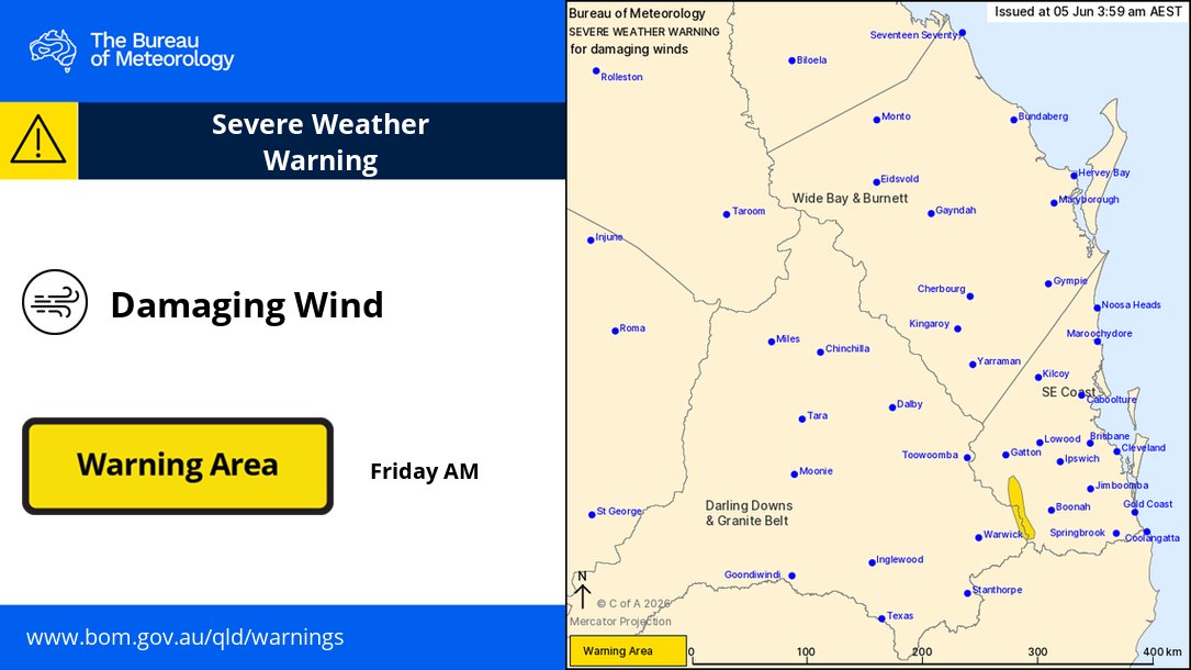 BOM_Qld's tweet photo. ⚠️🌬️Severe Weather Warning for DAMAGING WINDS
parts of Southeast Coast and Darling Downs and Granite Belt Forecast Districts.

Damaging winds likely on the peaks and lee slopes of the Main Range early Friday morning.

https://t.co/9Ye194KBDr https://t.co/rlAM9cAuds
