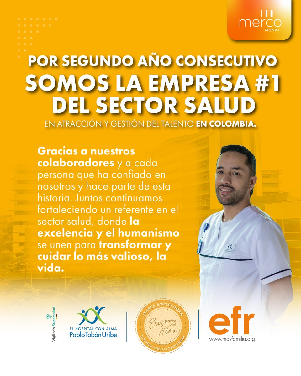 HPTU's tweet photo. Nuevamente somos la empresa #1 del sector salud en atracción y gestión del talento en Colombia. 📷
En el Hospital Pablo Tobón Uribe creemos en el poder del talento humano con propósito, ese que cuida con excelencia, sirve con vocación y transforma vidas cada día. https://t.co/HFCuTO9gEn