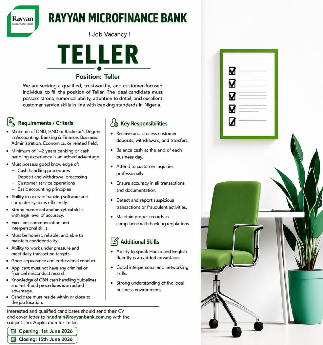 rayyanbank's tweet photo. 🚀 Career Opportunity at Rayyan Microfinance Bank!
Are you a driven, qualified, and results-oriented professional looking to advance your career in the banking sector? Rayyan Microfinance Bank is currently seeking talented individuals to join our growing team. https://t.co/Nu1YYViSoT