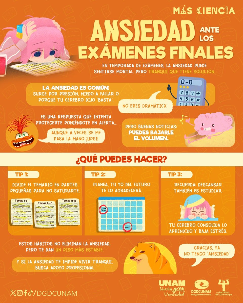 UNAM_MX's tweet photo. Exámenes, proyectos y entregas finales pueden generar ansiedad. La buena noticia es que existen hábitos que te ayudan afrontar mejor esta etapa y cuidar tu #SaludMental.
Infografía de @DGDCUNAM 👇. https://t.co/9uQrsNldVP