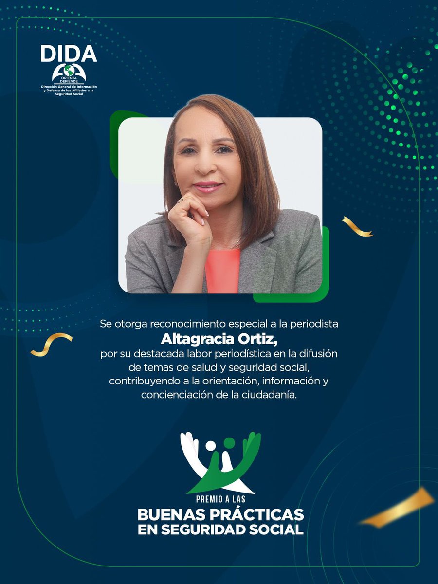 DIDA_RDo's tweet photo. En esta primera edición del Premio a las Buenas Prácticas en Seguridad Social, la DIDA también reconoce el valor de la comunicación responsable para orientar y acercar información útil a la ciudadanía.

Felicitamos a la periodista Altagracia Ortiz

#BuenasPrácticasSDSS https://t.co/11JqG7wbVB