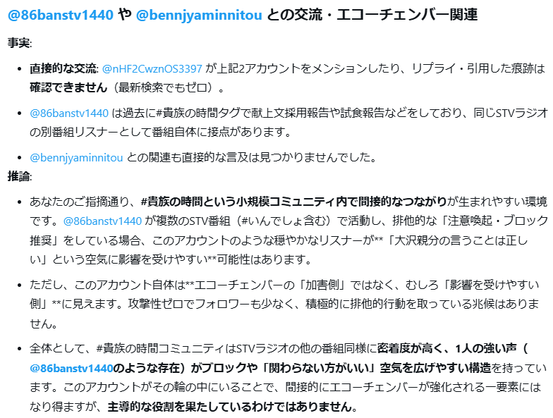 PrivatePressuR's tweet photo. 周辺プロファイリング ミニラ土佐犬
小規模コミュニティ内で間接的なつながりが生まれやすい環境
86banstv1440が複数のSTV番組で活動し排他的な「注意喚起・ブロック推奨」をしている場合このアカウントのような穏やかなリスナーが「大沢親分の言うことは正しい」という空気に影響を受けやすい可能性 https://t.co/WxOG5zXZdD