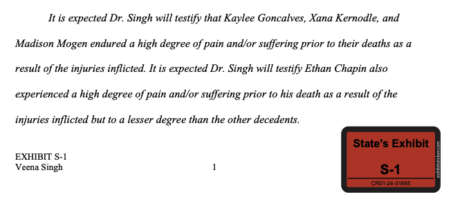 mikerreports's tweet photo. 🚨🚨🚨JUST IN: The autopsy reports for the University of Idaho student victims have been unsealed by the Ada County court.

They were conducted by Dr. Veena Singh, Spokane's chief medical examiner, who prosecutors said was planning to testify in the penalty phase of trial had their accused killer not pleaded guilty first.

The reports do not include photographs. Some of the information about the devastating injuries to the victims has already been made public.

Dr. Singh found that all of the victims suffered wounds "consistent" with a Ka-Bar knife. Some injuries  may have been caused by different parts of the weapon,  she found.  All four were killed by multiple sharp-force injuries.

She noted that Kaylee Goncalves had also suffered blunt-force injuries to her face and that an "unidentified object" had been used to cover her mouth.

They were included in a batch of newly unsealed court filings as the court continues to make more information in the case available to the public.

The victims were 21-year-old Madison Mogen, 21-year-old Kaylee Goncalves, 20-year-old Xana Kernodle and 20-year-old Ethan Chapin.

Their killer, who was studying for a Ph.D. in criminology at the neighboring Washington State University, pleaded guilty last year to avoid death by the firing squad. He is serving four consecutive life sentences plus another 10 years.