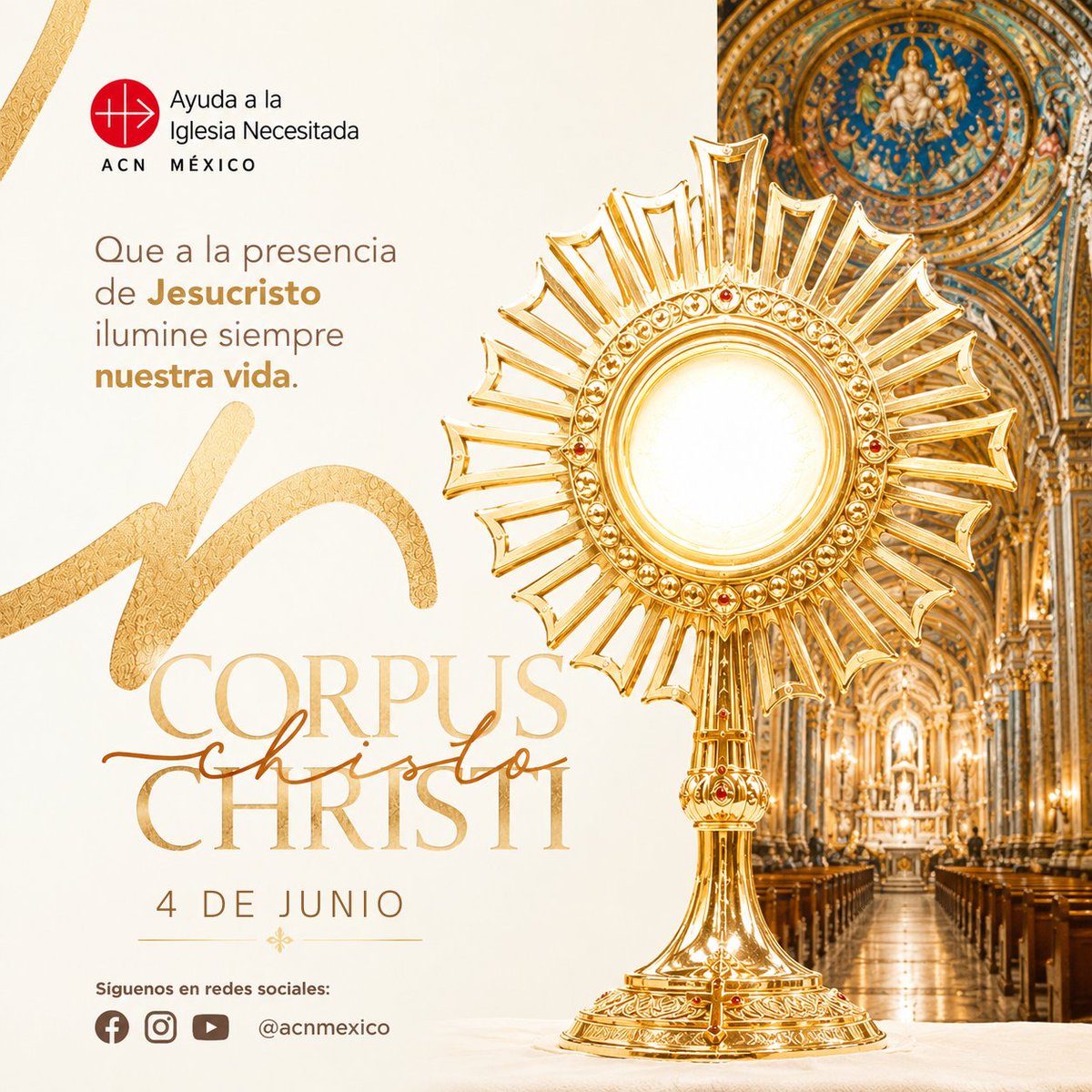 ACNMex's tweet photo. ✨ Corpus Christi: el Amor que permanece con nosotros ✨ Hoy celebramos el regalo más grande que Jesús nos dejó: su presencia viva en la Eucaristía. 🙏 En medio de nuestras alegrías, preocupaciones y desafíos, Él sigue esperando nuestro corazón para fortalecernos con su amor. 💬 Queremos leerte: ¿Qué significa para ti la Eucaristía o qué intención te gustaría poner hoy a los pies de Jesús Sacramentado? Escríbela en los comentarios y unámonos en oración. ❤️ #CorpusChristi #Eucaristía #JesúsSacramentado #FeCatólica #IglesiaCatólica #ACNMéxico #AyudaALaIglesiaNecesitada #Oración #Esperanza #AmorDeJes